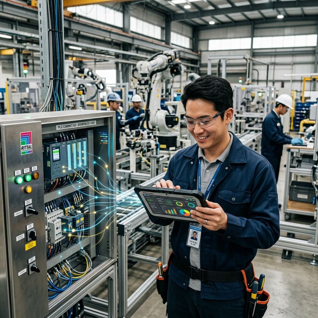 Ilustrasi konektivitas Industrial IoT dan integrasi sistem pabrik