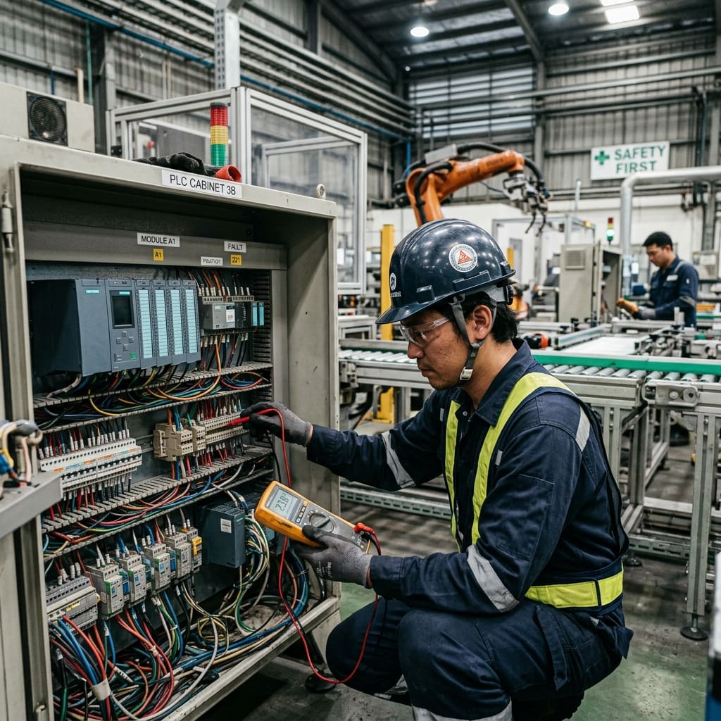 Teknisi melakukan maintenance sistem otomasi pabrik