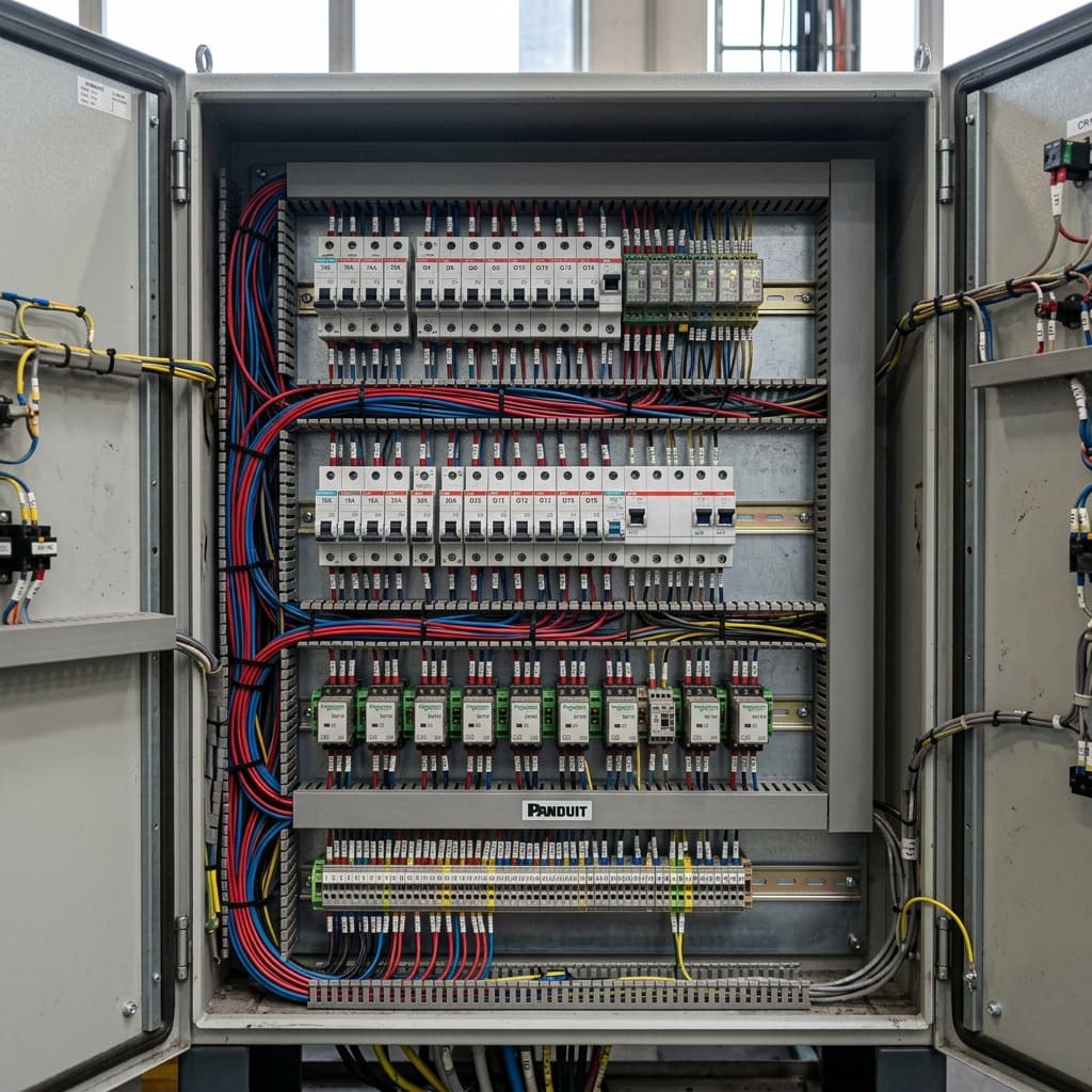 Panel kontrol listrik industri dengan wiring rapi