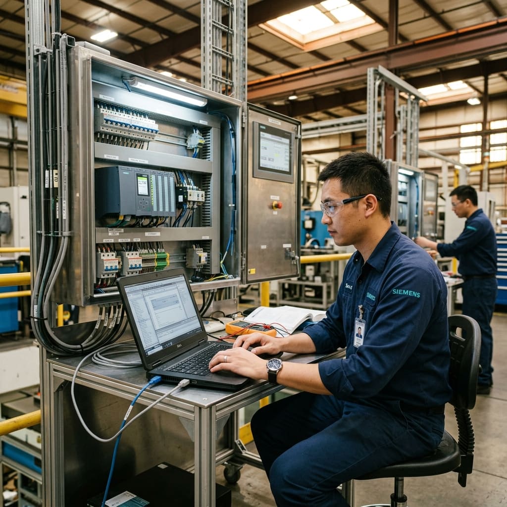 Engineer melakukan pemrograman PLC pada panel kontrol industri