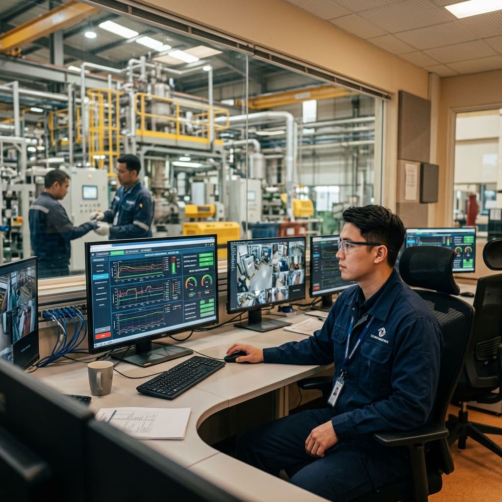 Layar HMI dan dashboard SCADA untuk monitoring proses industri